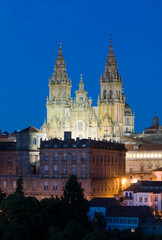 Night scene, Skyline of Santiage de Compostela with lit cathedral,