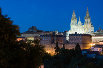 Night scene, Skyline of Santiage de Compostela with lit cathedral,