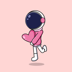 Cute Astronaut Hold on Heart Love Chibi Cartoon Vector Icon Illustration. Isolated Premium Vector. Flat Cartoon Style or Shirt Screen Printing, Web Landing Page, Banner, Flyer, Sticker, Card