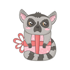 kawaii cartoon lemur hung on a big valentine's day gift box