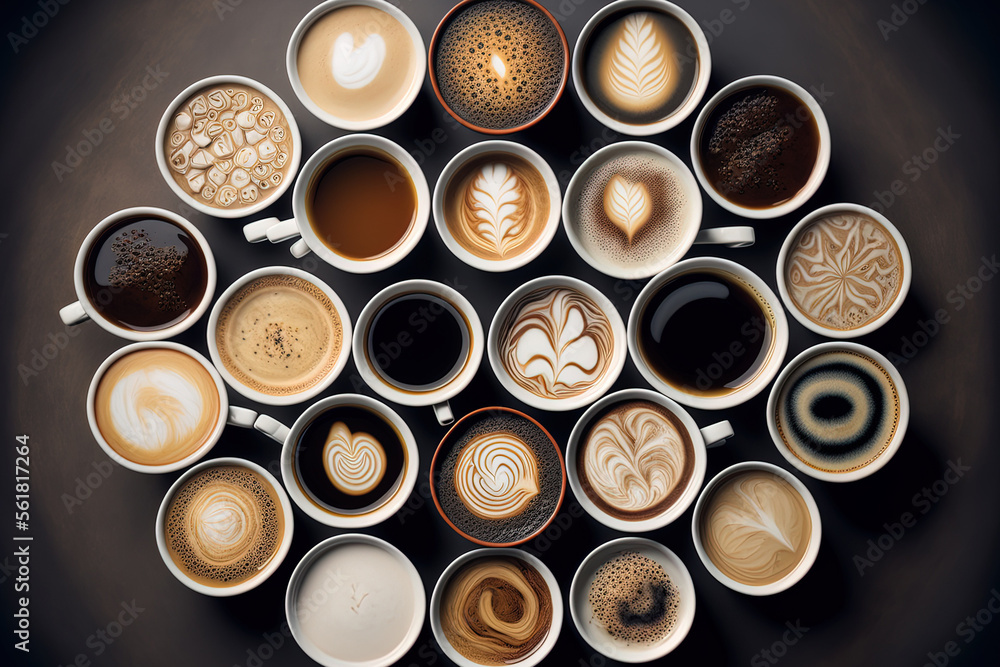 Poster view from above of many coffees. generative ai