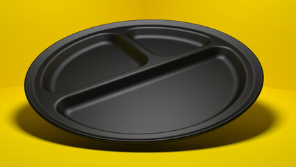 Black plate. black utensil. yellow background. 3d rendering. closeup view