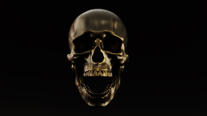 Screaming golden humen skull on dark background, 3D render