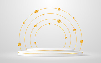 Obraz premium White podium with a golden circle on the back for product presentation. Display of cosmetic products. vector illustration 