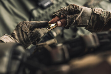 Close up picture of a soldier with weapon