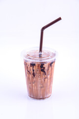 Mocha coffee. Beverage for summer with brick wall background.