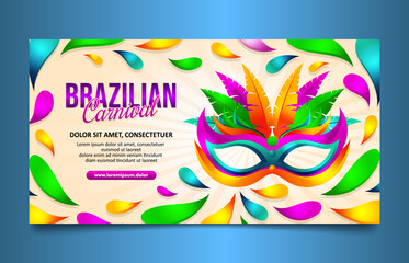 Trendy Carnival Brazilian Festival horizontal banner, social media cover with colorful mask and feathers