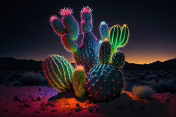 Multicolor bioluminescent neon cactus by generative AI