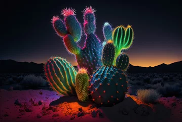 Foto op Canvas Multicolor bioluminescent neon cactus by generative AI © Gary