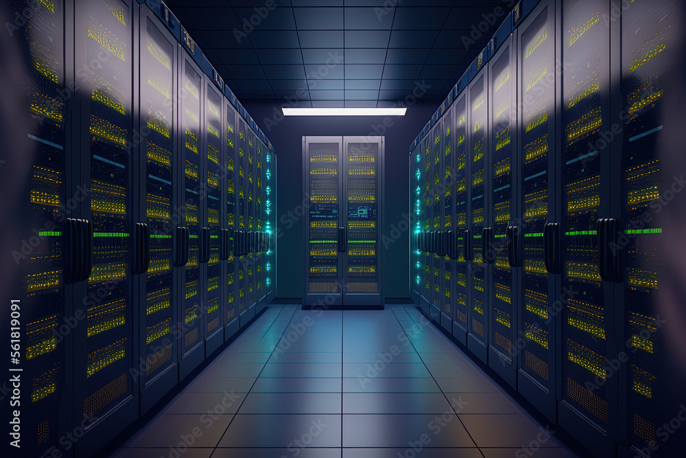 Poster image of a running data center with server rack rows. generative ai
