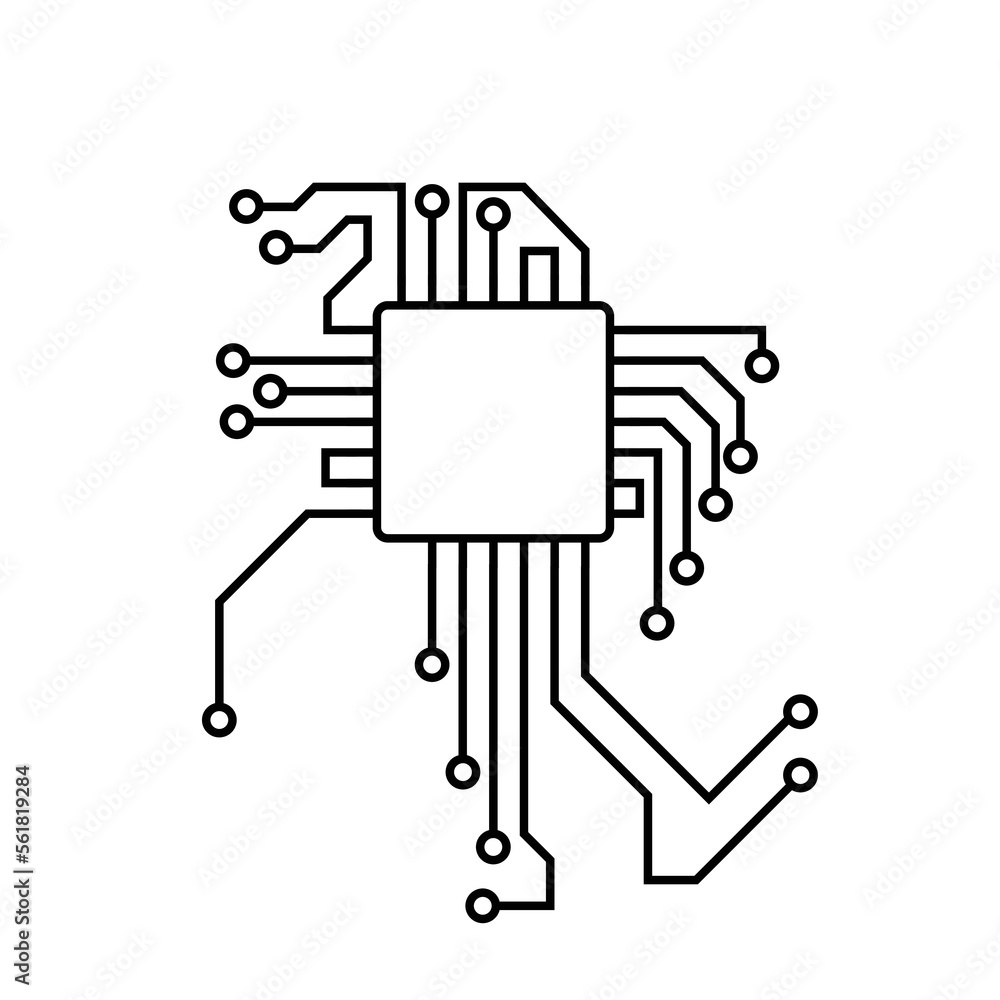 Poster electronic circuit with chip. engineering and digital communication system with data transmission an