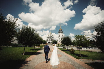 The bride and groom in love walk along the alley in a beautiful park, hand in hand, to a beautiful...
