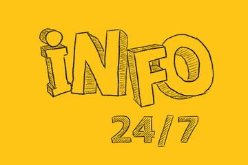 Lettering INFO 24-7 drawn on a yellow background. Info center, information support, customer support. FAQ concept.