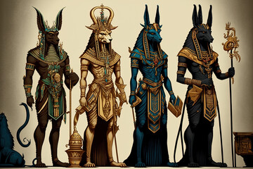 Egyptian deities including Anubis, Seth, Hathor, and Horus. Generative AI - obrazy, fototapety, plakaty
