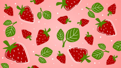 Beautiful seamless pattern of strawberries fruit with the green leaves on pink background. Suitable for background, banner or wallpaper.