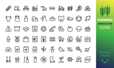 Farm, farming and agriculture isolated icons set. Set of ear of wheat, harvester, farm field, tractor, sickle, corn, flour bag, mill,  agricultural products, hay bales, milk, eco meat vector icons