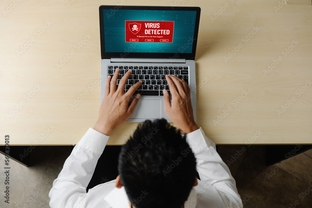 Poster virus warning alert on computer screen detected modish cyber threat , hacker, computer virus and mal