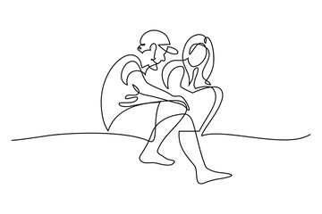 Man talking with a woman in continuous line art drawing style. Two people rest and communicate. Black linear sketch isolated on white background. Vector illustration