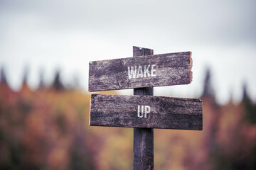 vintage and rustic wooden signpost with the weathered text quote wake up, outdoors in nature. blurred out forest fall colors in the background.