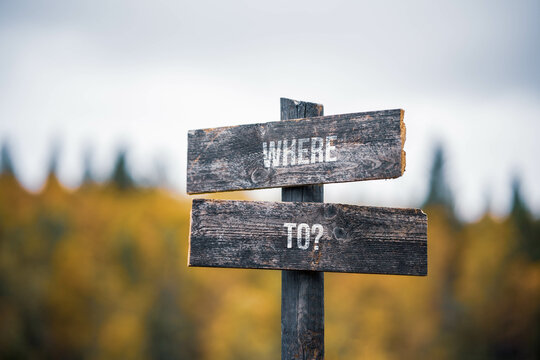 vintage and rustic wooden signpost with the weathered text quote where to, outdoors in nature. blurred out forest fall colors in the background.