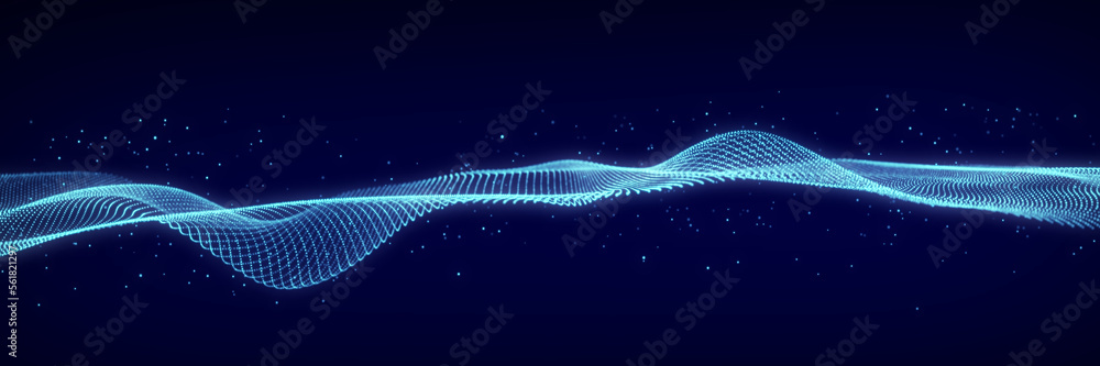 Poster dynamic sound wave. musical particle pulsing. blue energy flow concept. 3d rendering.