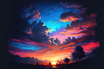 Obraz premium Vertical view of dusk, sunset, twilight in the evening, with a dark blue sky and colorful sunlight. Generative AI