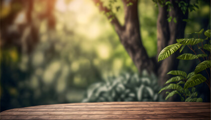 Empty wood table top, garden background, used for display or products, illustration ai generative 