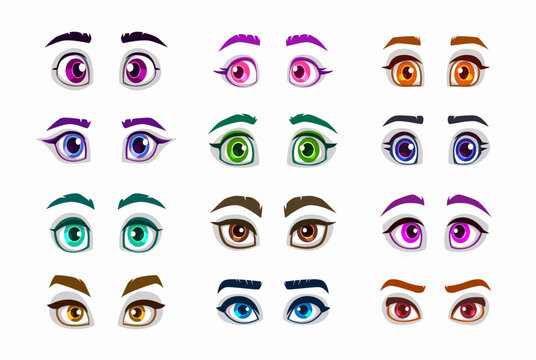 Cartoon anime girls eyes and eyebrows set.