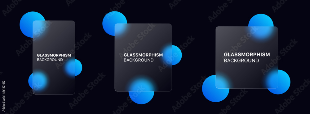 Poster glassmorphism background banner with transparent glass frame template . Realistic Frosted glass morphism effect with blurred abstract gradient blue circle shapes. Vector illustration