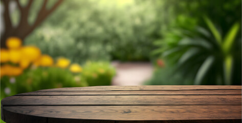 Fototapeta premium Empty wood table top, garden background, used for display or products, illustration ai generative 