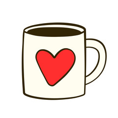 White mug with a red heart-shaped label. Valentine's day. Flat icon. Vector illustration