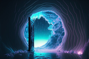 Neon light, icy planet, futuristic fantasy scenery, sci fi landscape. undiscovered planet in a galaxy. Natural setting in the dark with water reflecting light. neon galaxy doorway in space. Generative