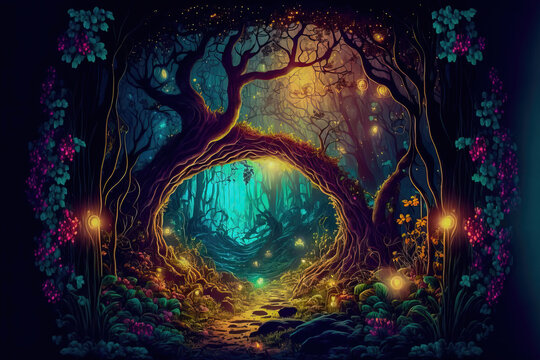 Fantasy fairy tale background. Fantasy enchanted forest with magical luminous plants, built ancient mighty trees covered with moss, with beautiful houses, butterflies and fireflies fly in the air.	