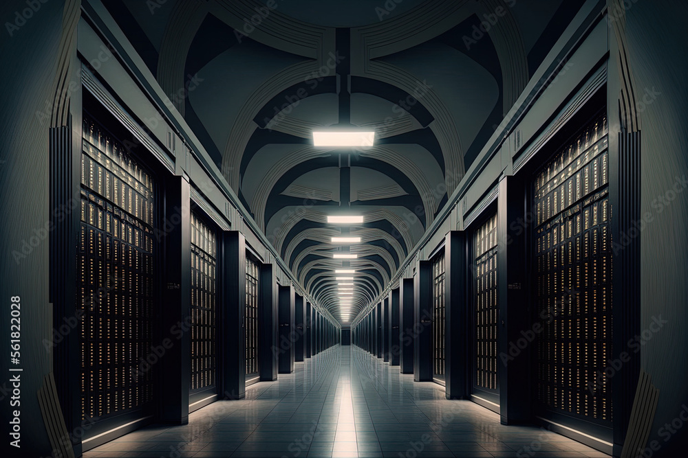 Poster symmetrical equipment rows in a data center room. generative ai