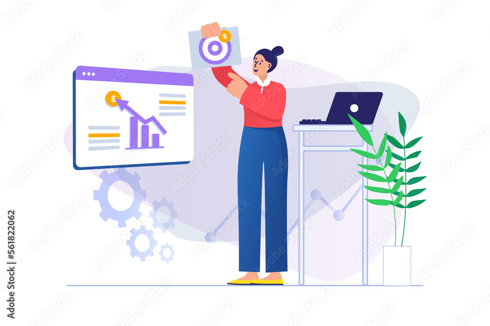Poster business target concept with people scene in flat design. woman analyzing data and creating strategy