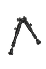 Modern metal folding bipod for a rifle or carbine. A device for the convenience of shooting. Isolate on a white back.