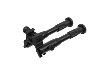 Modern metal folding bipod for a rifle or carbine. A device for the convenience of shooting. Isolate on a white back.