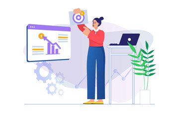 Business target concept with people scene in flat design. Woman analyzing data and creating strategy, goal achievement and career development. Illustration with character situation for web