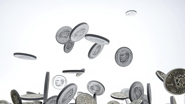 One Dirham coins falling on a white background, morocco money