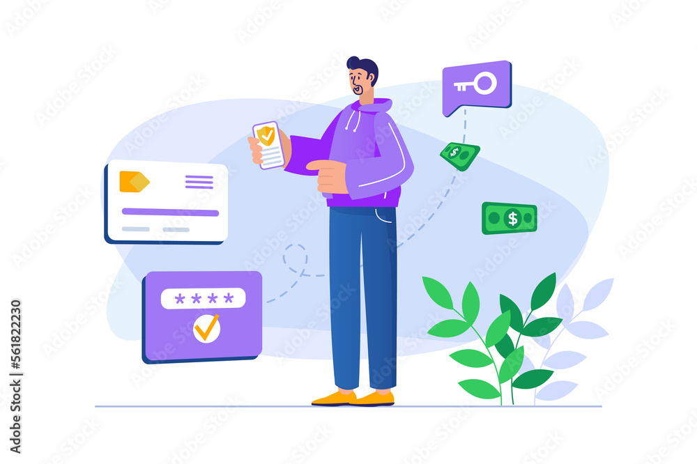 Poster secure payment concept with people scene in flat design. man makes online purchases and pays for goo