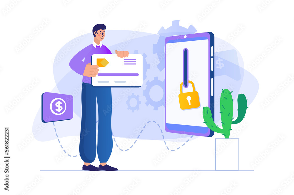 Aufkleber secure payment concept with people scene in flat design. man makes online purchases and pays using s