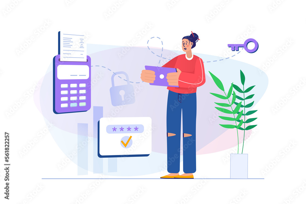 Poster secure payment concept with people scene in flat design. woman pays electronic bill using secure acc