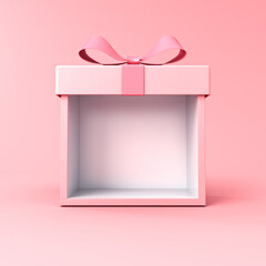 Sweet pink product display gift box or blank exhibition booth present box stand with pink ribbon bow isolated on pink pastel color background with shadow minimal conceptual 3D rendering