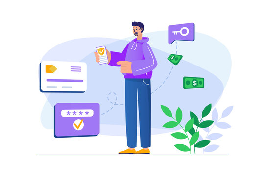 Secure payment concept with people scene in flat design. Man makes online purchases and pays for goods using secure transaction from mobile phone. Illustration with character situation for web
