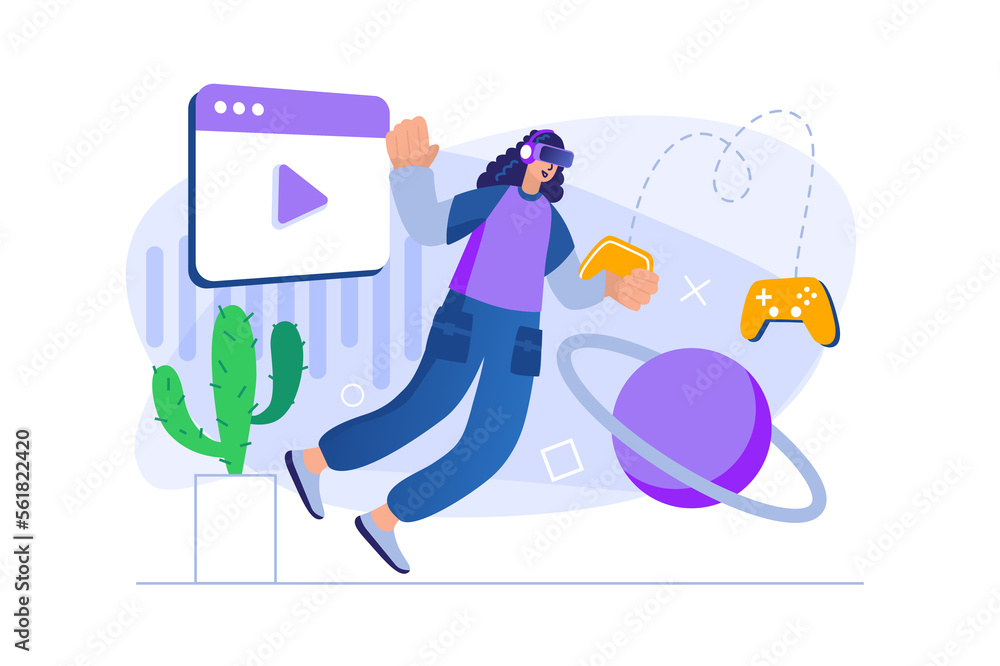 Poster cyberspace concept with people scene in flat design. woman in vr headset plays virtual reality simul