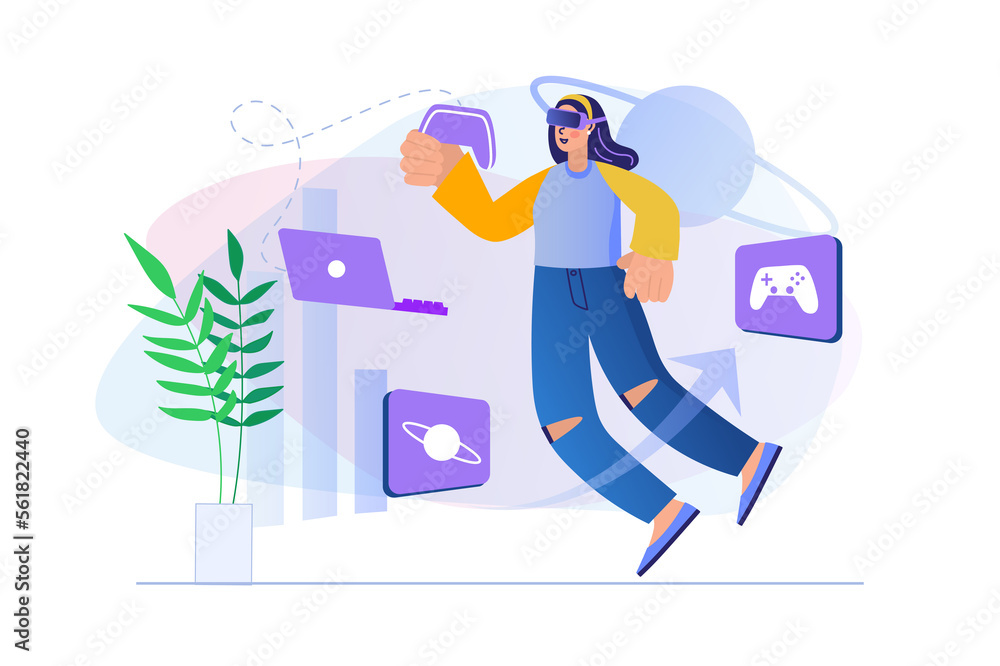 Poster cyberspace concept with people scene in flat design. woman in vr headset holding joystick and playin