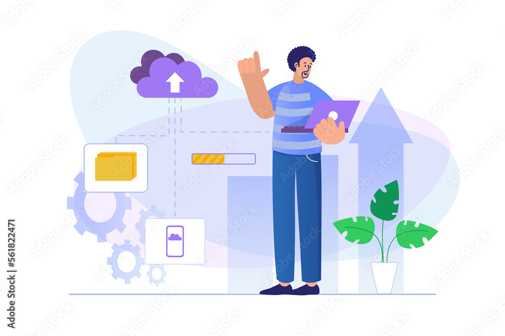 Poster cloud computing concept with people scene in flat design. man creates backup copy of data and sends 