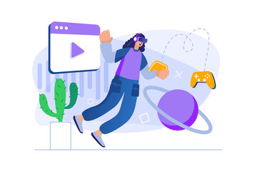 Cyberspace concept with people scene in flat design. Woman in VR headset plays virtual reality simulation game with artificial intelligence. Illustration with character situation for web