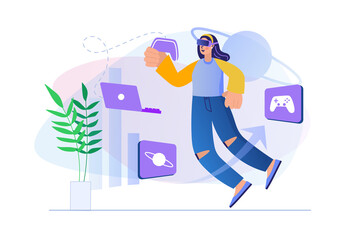 Cyberspace concept with people scene in flat design. Woman in VR headset holding joystick and playing virtual reality simulation game at laptop. Illustration with character situation for web