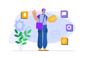 Obraz na płótnie Canvas Email service concept with people scene in flat design. Man postman holding envelopes and delivering letters, online mailing and correspondence. Illustration with character situation for web